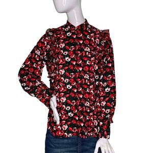 Lauren Ralph Lauren Ruffle Top Roses Print Button Down Long Sleeve Size Petite M